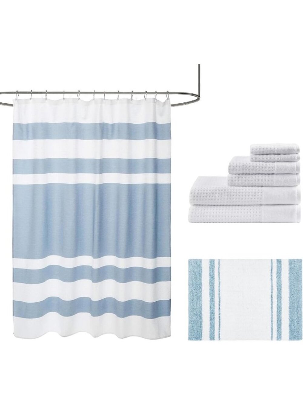 Waffle Weave Shower Curtain Set, Reversible Spa Rug, Luxurious 6-Piece Towel Set